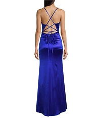 Midnight Doll Crystal Satin V-Neck Spaghetti Strap Side Slit Dress