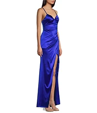Midnight Doll Crystal Satin V-Neck Spaghetti Strap Side Slit Dress