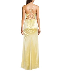 Midnight Doll Crystal Satin V-Neck Spaghetti Strap Side Slit Dress