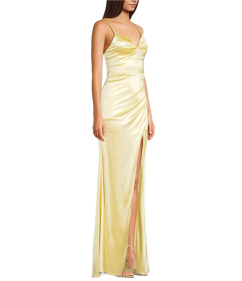 Midnight Doll Crystal Satin V-Neck Spaghetti Strap Side Slit Dress