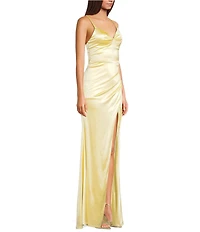 Midnight Doll Crystal Satin V-Neck Spaghetti Strap Side Slit Dress