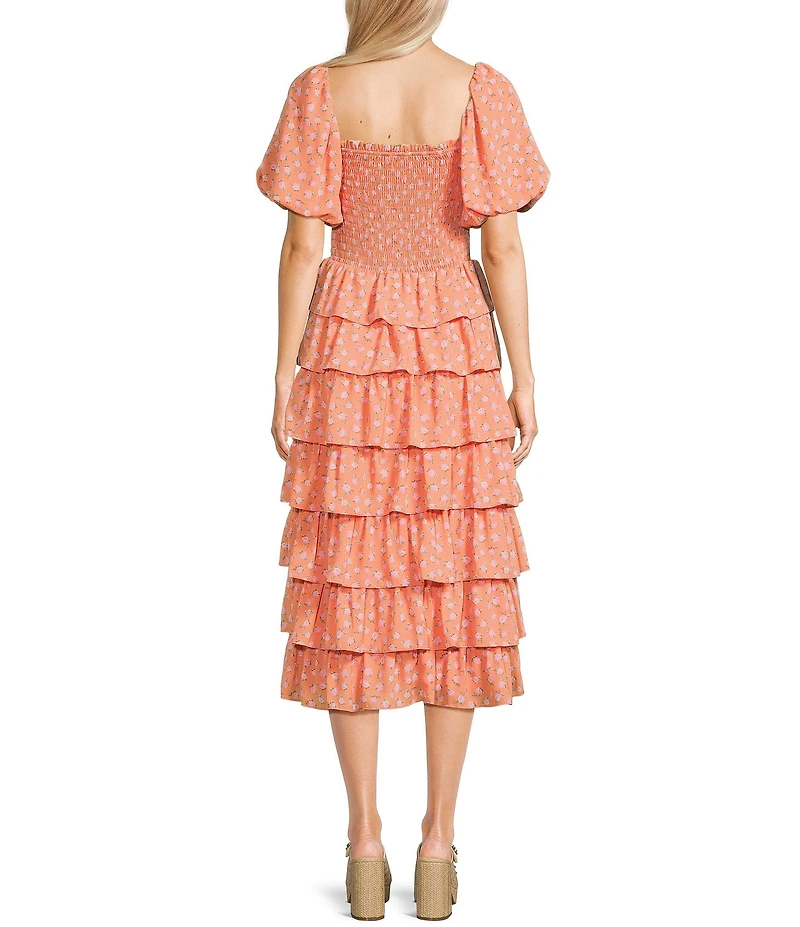 Midnight Doll Ditsy Floral Print Puff Sleeve Smocked Bodice Tiered Ruffle Midi Dress
