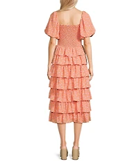 Midnight Doll Ditsy Floral Print Puff Sleeve Smocked Bodice Tiered Ruffle Midi Dress