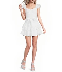 Midnight Doll Embroidered Eyelet Flutter Sleeve Drop Waist Tie Belted Ruffle Dress
