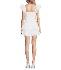 Midnight Doll Embroidered Eyelet Flutter Sleeve Drop Waist Tie Belted Ruffle Dress