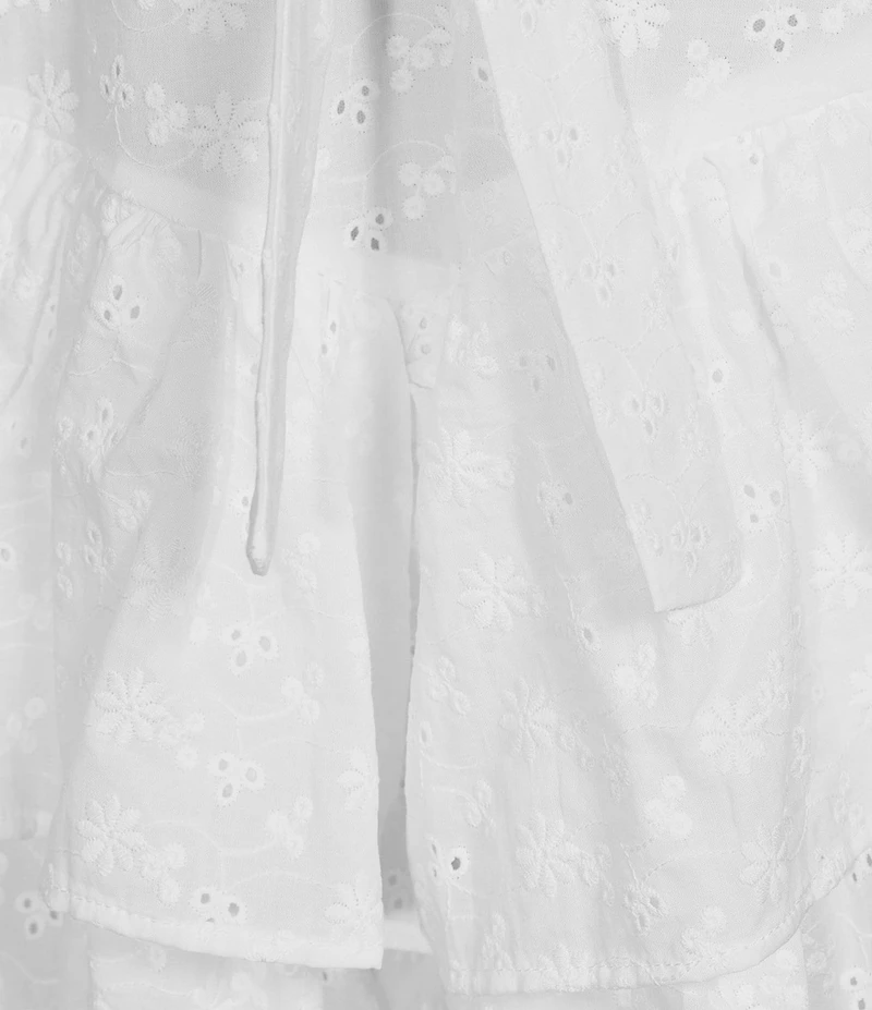 Midnight Doll Embroidered Eyelet Flutter Sleeve Drop Waist Tie Belted Ruffle Dress