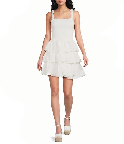 Midnight Doll Embroidered Eyelet Tie Shoulder Smocked Tiered Ruffle Dress