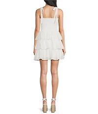Midnight Doll Embroidered Eyelet Tie Shoulder Smocked Tiered Ruffle Dress