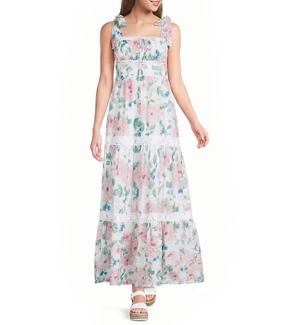 Midnight Doll Eyelet Floral Printed Tie Shoulder Lace Trim Maxi Dress