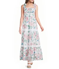 Midnight Doll Eyelet Floral Printed Tie Shoulder Lace Trim Maxi Dress