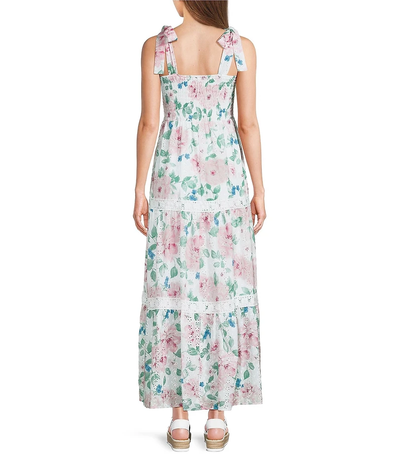Midnight Doll Eyelet Floral Printed Tie Shoulder Lace Trim Maxi Dress