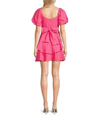 Midnight Doll Eyelet Puff Short Sleeve Tie Back Tiered Mini Dress