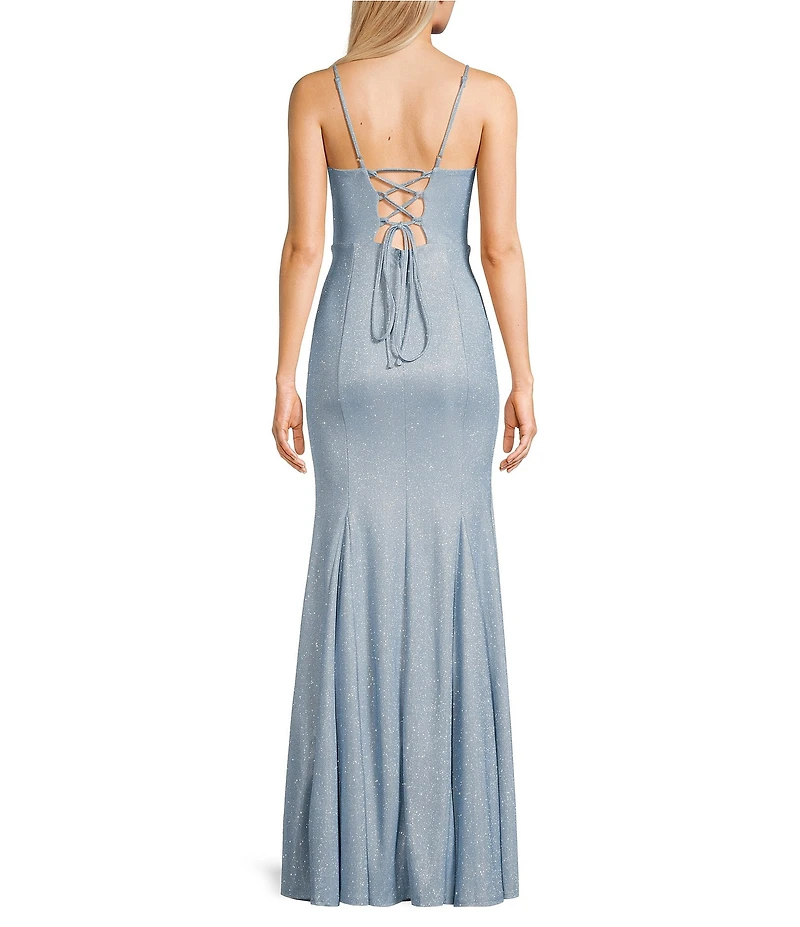 Midnight Doll Fairy Dust Pattern V-Neck Spaghetti Strap Lace Up Back Godet Dress