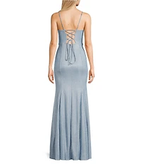 Midnight Doll Fairy Dust Pattern V-Neck Spaghetti Strap Lace Up Back Godet Dress