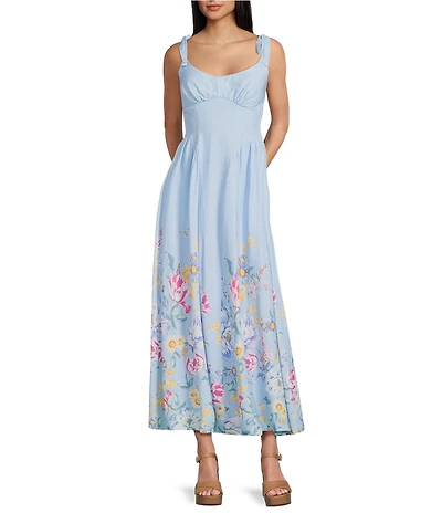 Midnight Doll Floral Border Printed Tie Shoulder Scoop Neck Drop Waist Pleated Maxi Dress