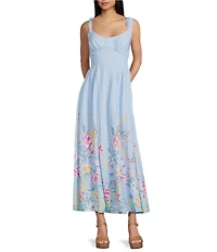 Midnight Doll Floral Border Printed Tie Shoulder Scoop Neck Drop Waist Pleated Maxi Dress