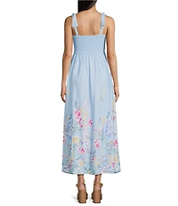 Midnight Doll Floral Border Printed Tie Shoulder Scoop Neck Drop Waist Pleated Maxi Dress