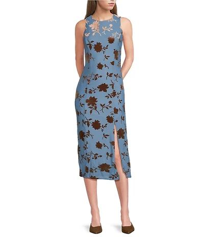 Midnight Doll Floral Burn Out Side Slit Midi Dress