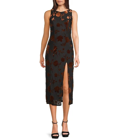 Midnight Doll Floral Burn Out Side Slit Midi Dress