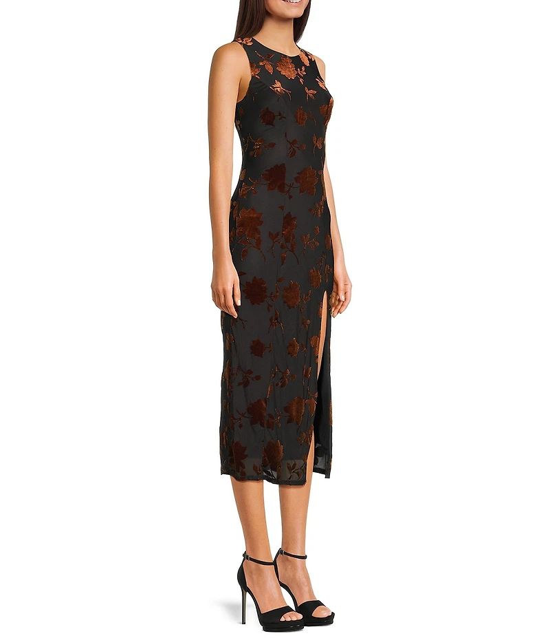 Midnight Doll Floral Burn Out Side Slit Midi Dress
