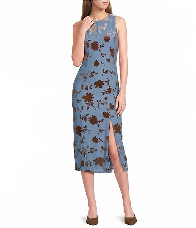 Midnight Doll Floral Burn Out Side Slit Midi Dress