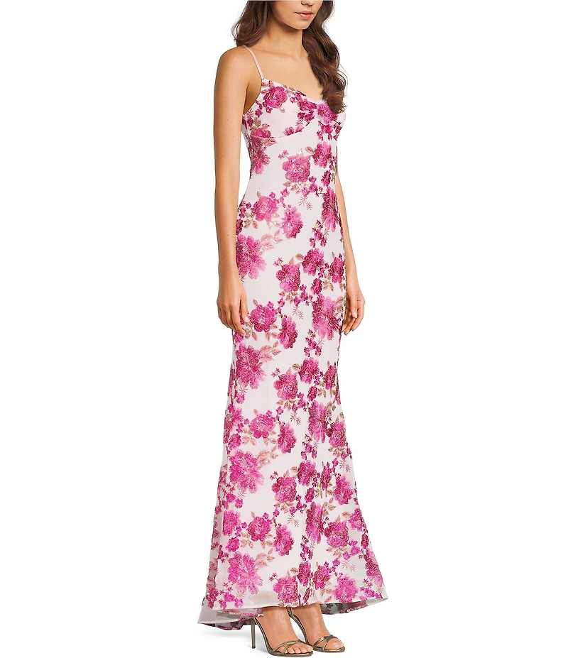 Midnight Doll Floral Embroidered Sequin Pinch Front Mermaid Dress