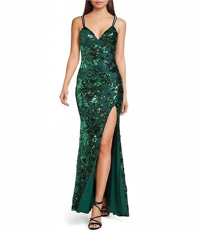 Midnight Doll Floral Patterned Sequin Double Spaghetti Strap V-Neck Side Slit Dress