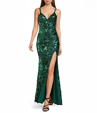 Midnight Doll Floral Patterned Sequin Double Spaghetti Strap V-Neck Side Slit Dress