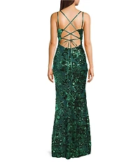 Midnight Doll Floral Patterned Sequin Double Spaghetti Strap V-Neck Side Slit Dress