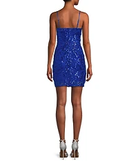 Midnight Doll Floral Patterned Sequin Scoop Neck Front Slit Mini Dress
