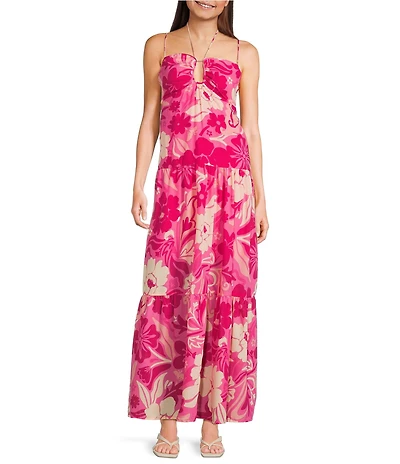 Midnight Doll Floral Print Keyhole Halter Neck Maxi Dress