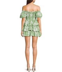 Midnight Doll Floral Print Off The Shoulder Smocked Bodice Puff Sleeve Tiered A-Line Dress