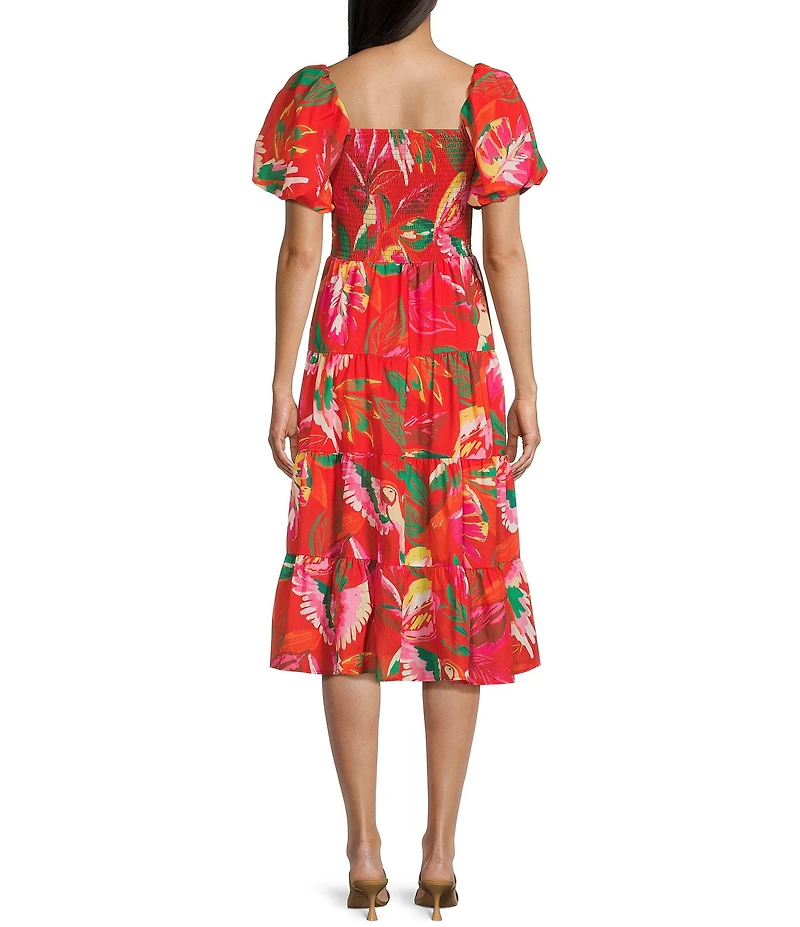 Midnight Doll Floral Print Puff Sleeve Smocked Bodice Midi Dress