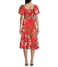 Midnight Doll Floral Print Puff Sleeve Smocked Bodice Midi Dress