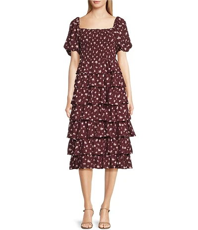 Midnight Doll Floral Print Puff Sleeve Smocked Tiered Midi Dress