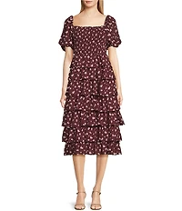 Midnight Doll Floral Print Puff Sleeve Smocked Tiered Midi Dress