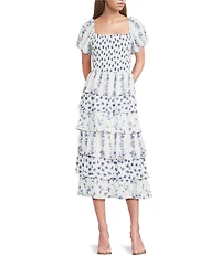 Midnight Doll Floral Print Short Puff Sleeve Tiered Ruffle Midi Dress