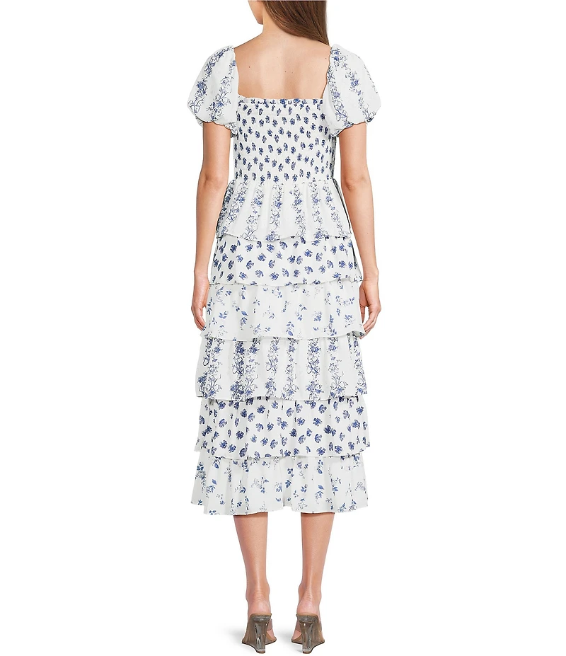 Midnight Doll Floral Print Short Puff Sleeve Tiered Ruffle Midi Dress