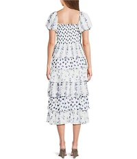 Midnight Doll Floral Print Short Puff Sleeve Tiered Ruffle Midi Dress