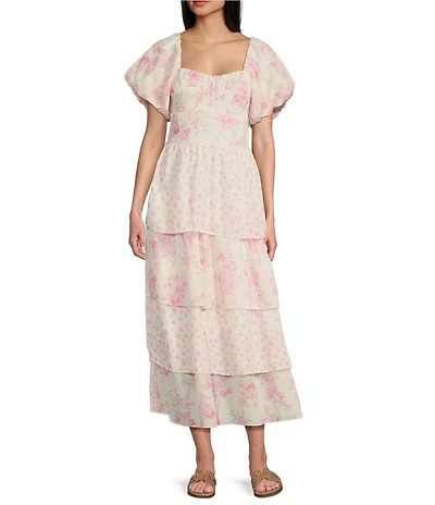 Midnight Doll Floral Print Short Puff Sleeve Tiered Maxi Dress