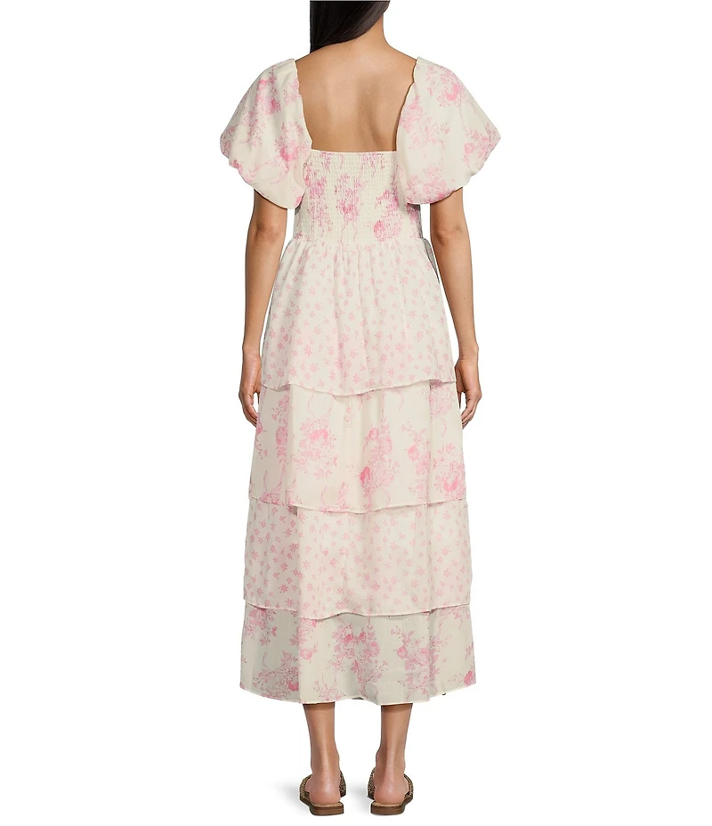 Midnight Doll Floral Print Short Puff Sleeve Tiered Maxi Dress