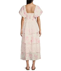 Midnight Doll Floral Print Short Puff Sleeve Tiered Maxi Dress