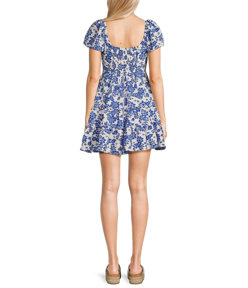 Midnight Doll Floral Print Short Sleeve Smocked Back Fit & Flare Mini Dress