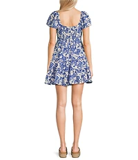 Midnight Doll Floral Print Short Sleeve Smocked Back Fit & Flare Mini Dress