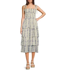 Midnight Doll Floral Print Square Neck Tie Strap Smocked Bodice Tiered Midi Dress