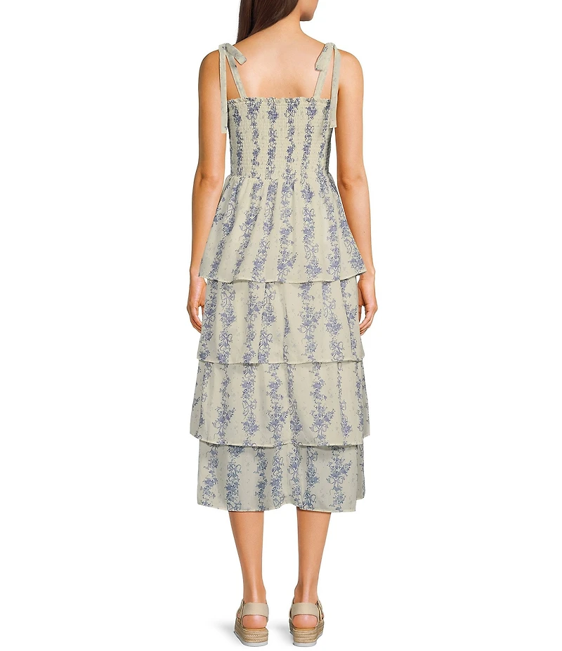 Midnight Doll Floral Print Square Neck Tie Strap Smocked Bodice Tiered Midi Dress