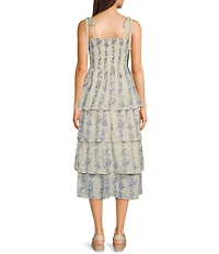 Midnight Doll Floral Print Square Neck Tie Strap Smocked Bodice Tiered Midi Dress