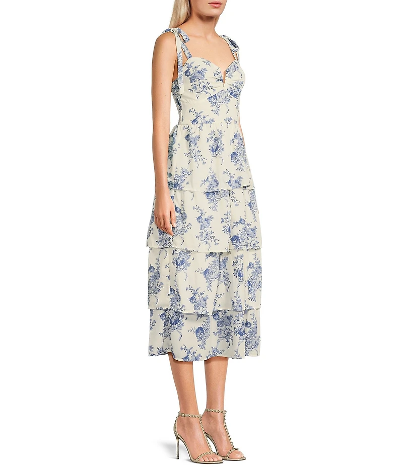 Midnight Doll Floral Print Tie Shoulder V-Neck Pleated Tiered Midi Dress