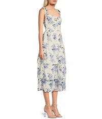 Midnight Doll Floral Print Tie Shoulder V-Neck Pleated Tiered Midi Dress