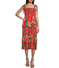 Midnight Doll Floral Print Tie Straps Smocked Bodice Tiered Maxi Dress